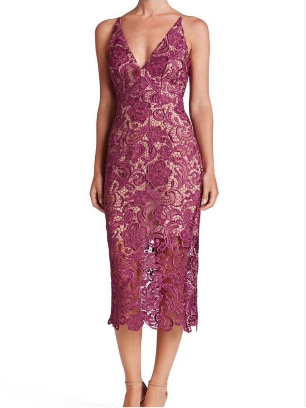 Dress the Population Marie Lace Sheath Dress in mulberry-XS